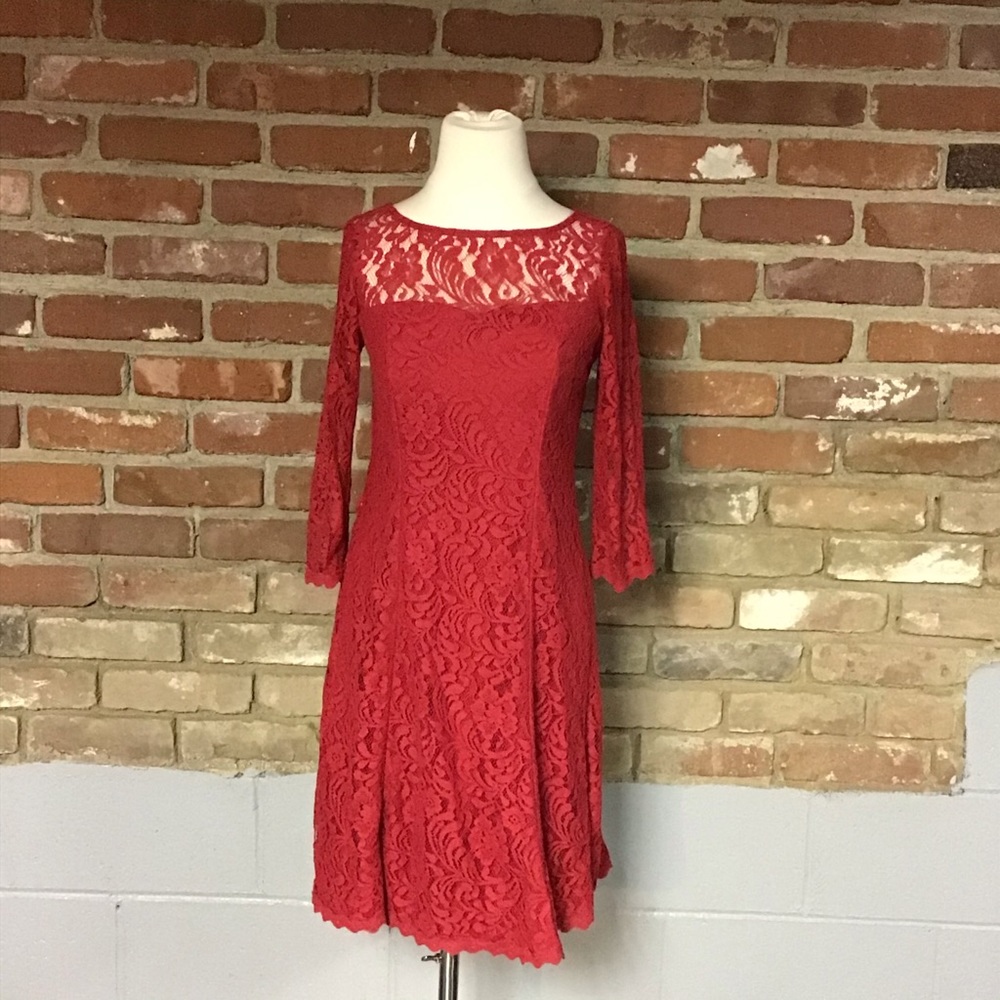 NWT R&K Red Lace 3/4 Length Sleeve Dress - 6